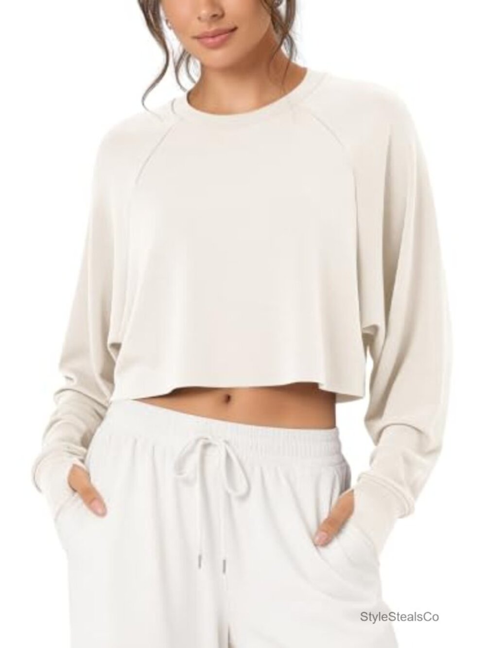 Modal Cropped Sweatshirt Women Long Sleeve Crew Neck Top Thumb Hole Raw Hem